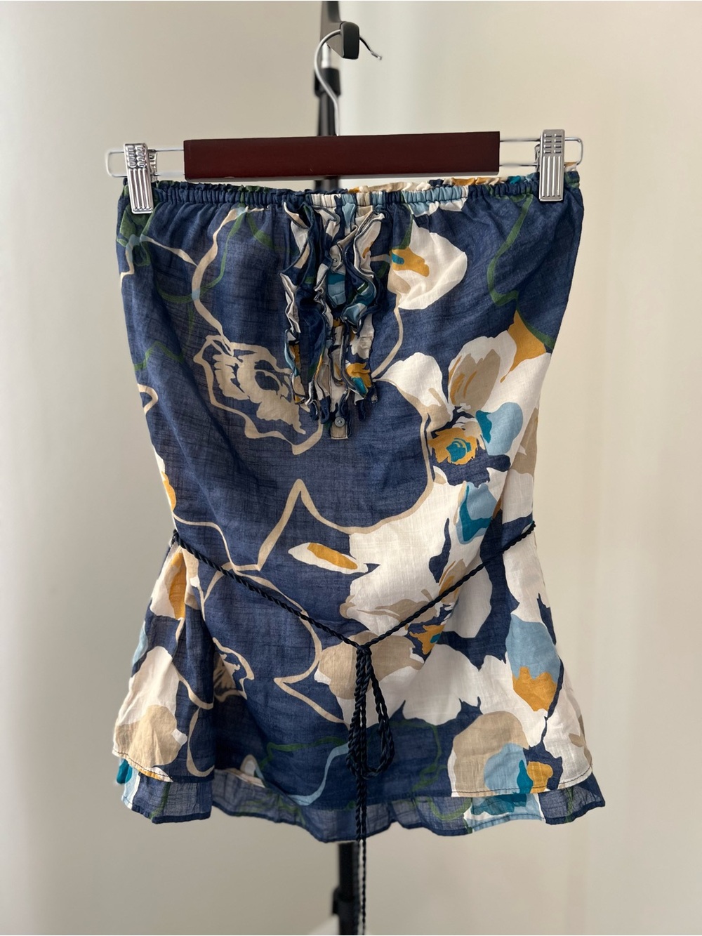 Hollister Strapless Navy Floral Top with White, Teal & Mustard Accents